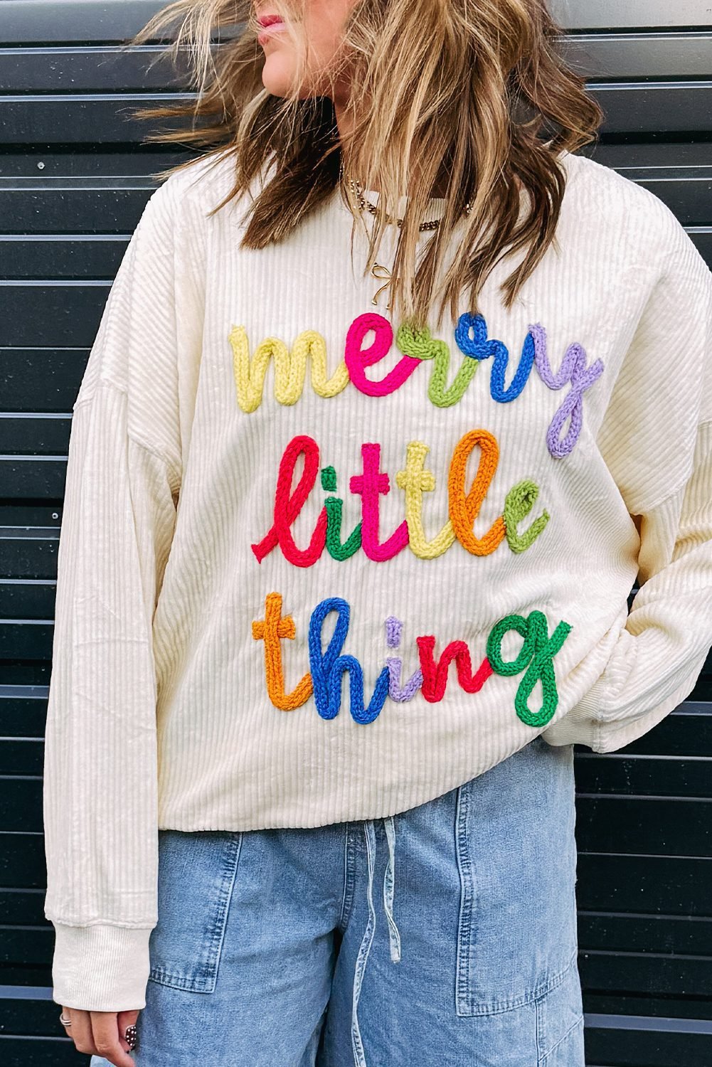 Beige Merry Little Thing Corded Letter Graphic Ribbed Loose Sweatshirt