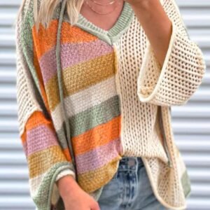 Beige Oversized Colorblock V Neck Hooded Sweater