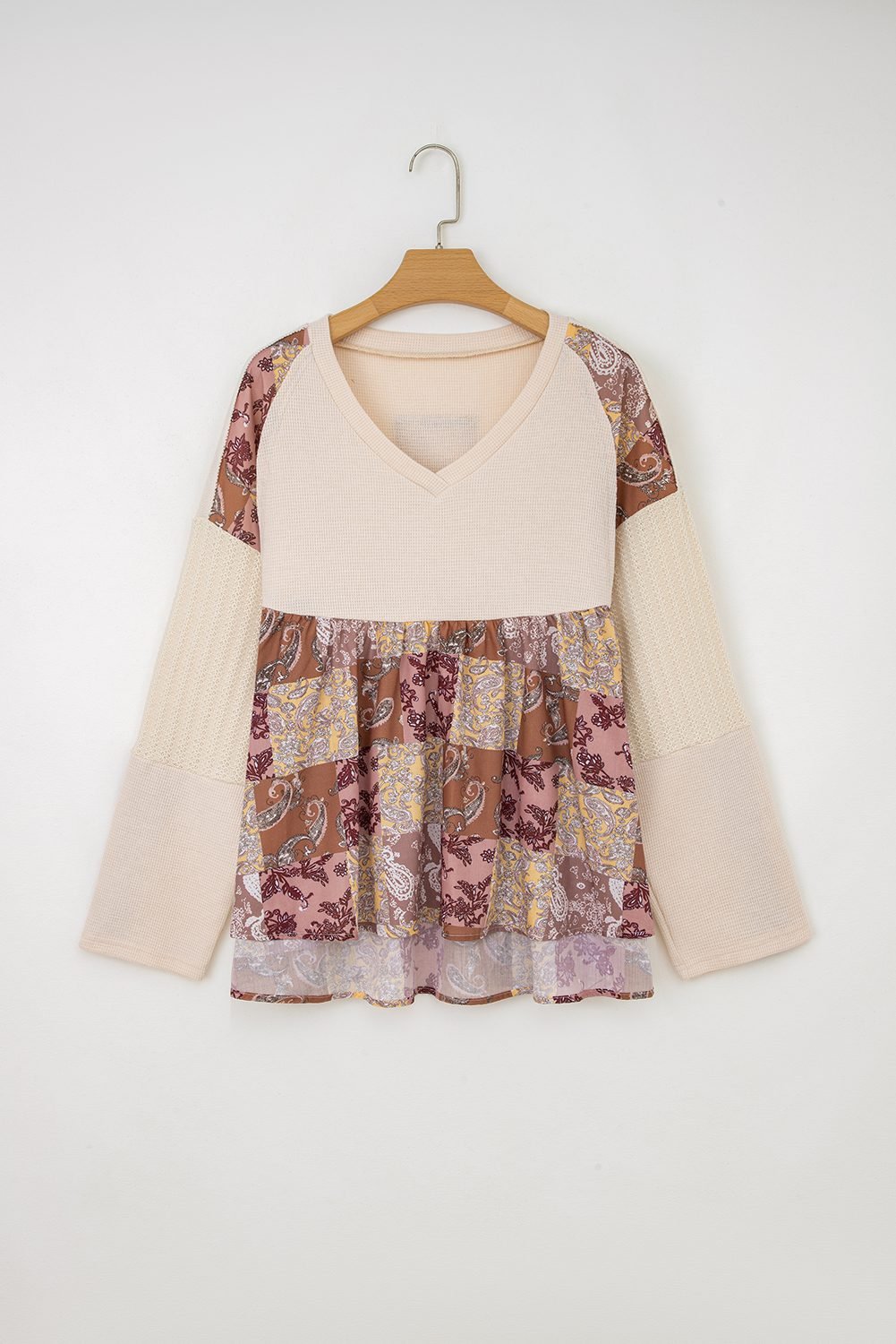 Beige Paisley Ethnic Print Contrast Patchwork Long Sleeve Loose Top