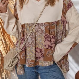 Beige Paisley Ethnic Print Contrast Patchwork Long Sleeve Loose Top