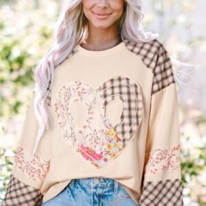 Beige Plaid Floral Peace Heart Graphic Wide Long Sleeve Top