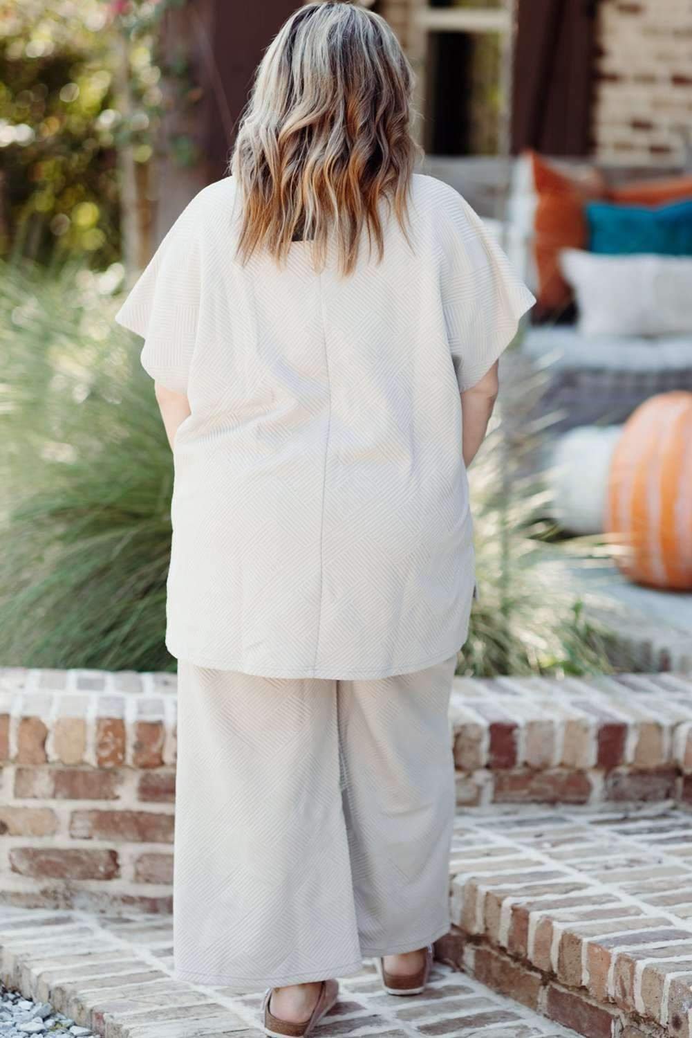 Beige Plus Size Textured Collared Top And Pants Set