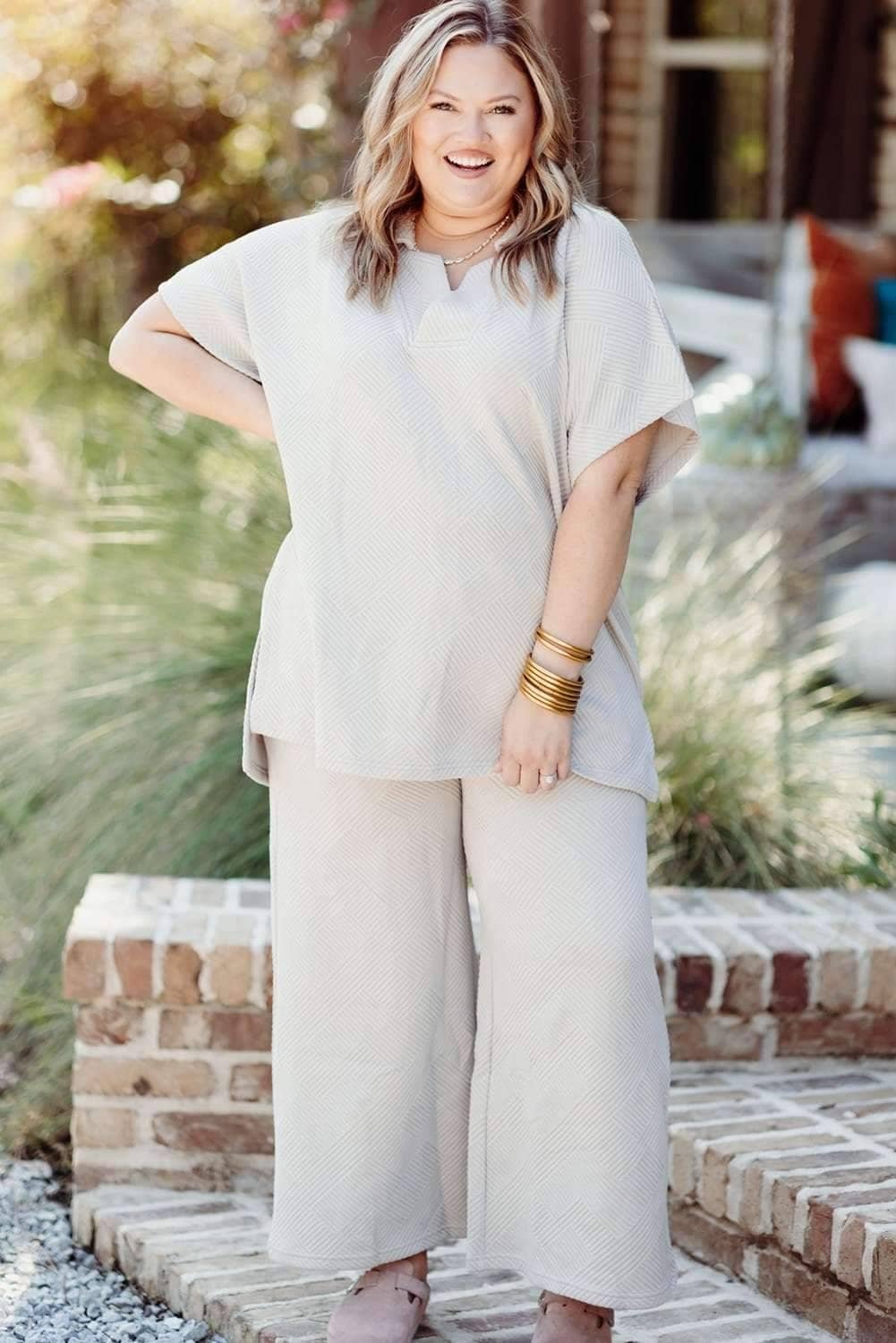 Beige Plus Size Textured Collared Top And Pants Set