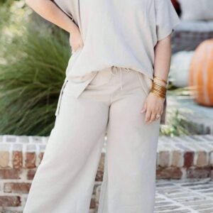 Beige Plus Size Textured Collared Top And Pants Set