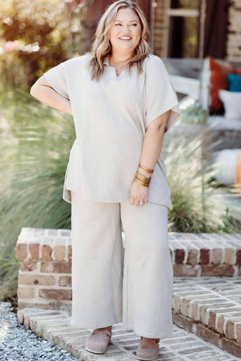 Beige Plus Size Textured Collared Top And Pants Set