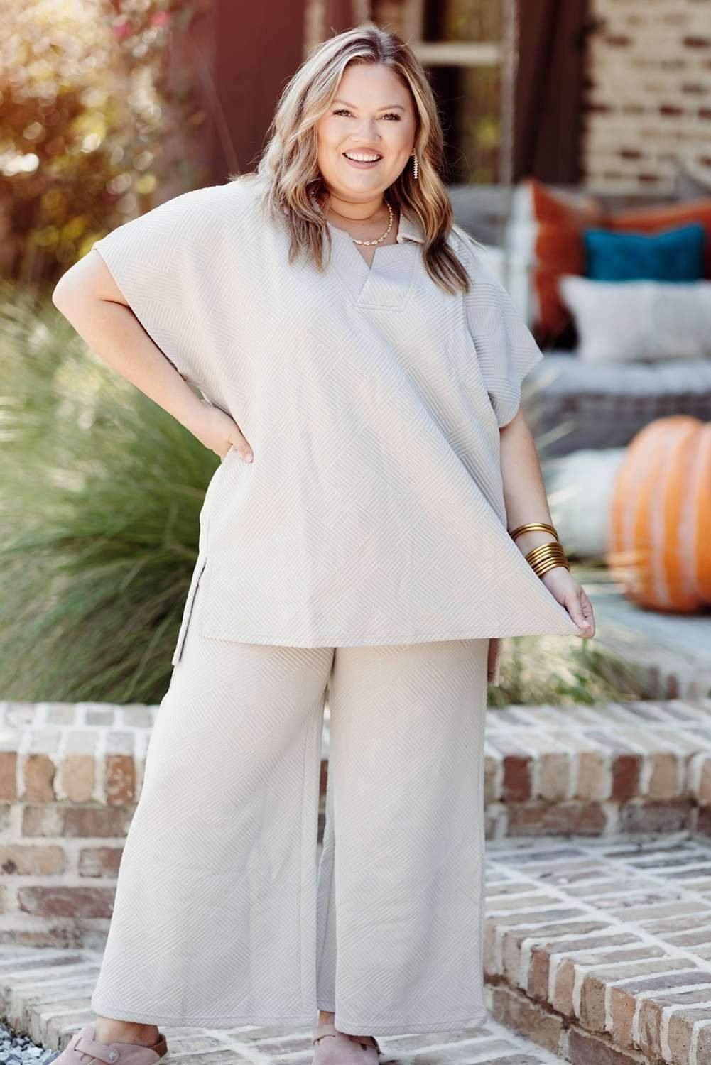 Beige Plus Size Textured Collared Top And Pants Set