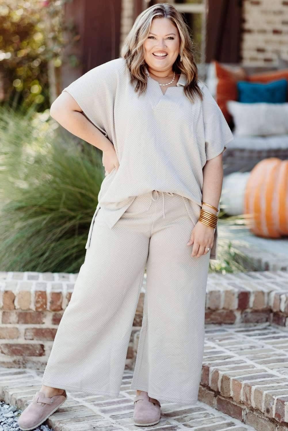 Beige Plus Size Textured Collared Top And Pants Set