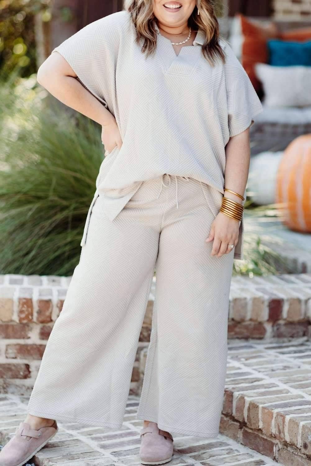 Beige Plus Size Textured Collared Top And Pants Set