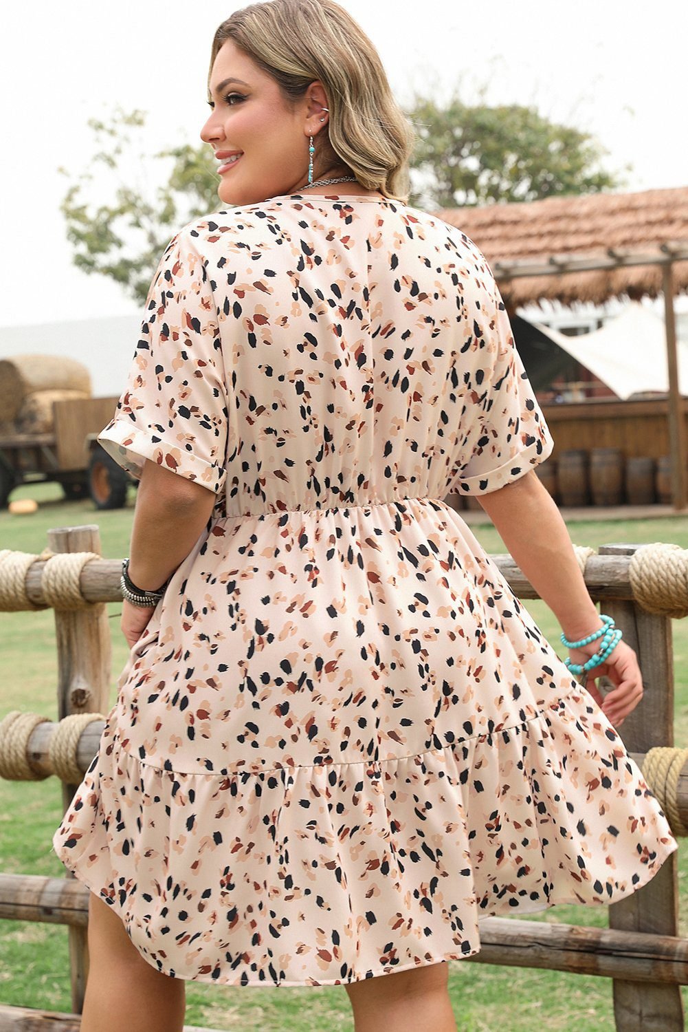 Beige Printed Surplice V Neck Cuffed Sleeve Empire Waist Plus Size Dress