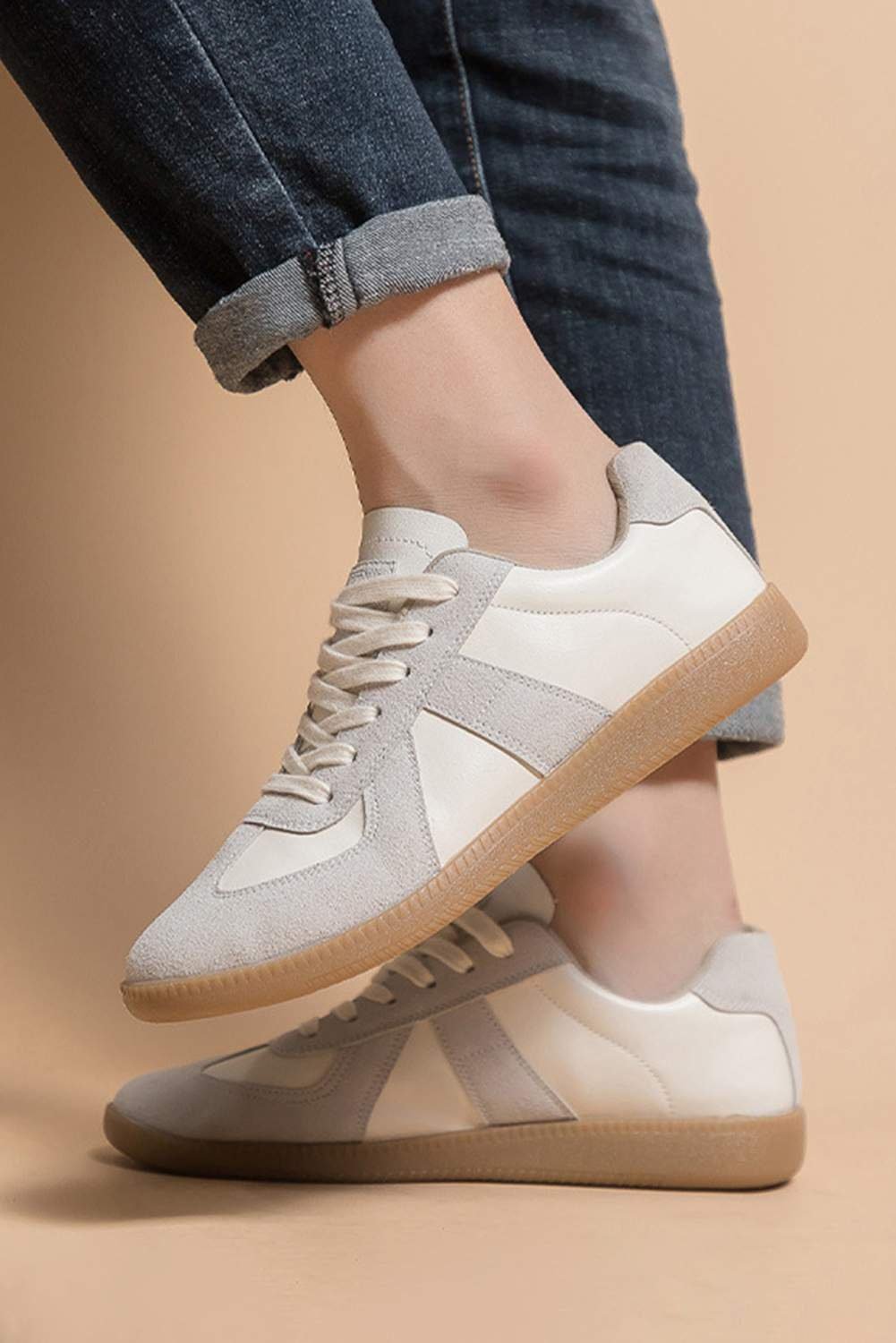Beige Pu Leather Suede Patched Lace-Up Flat Shoes