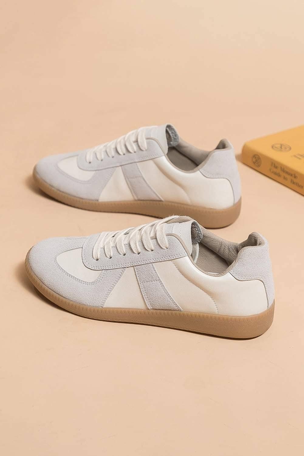 Beige Pu Leather Suede Patched Lace-Up Flat Shoes