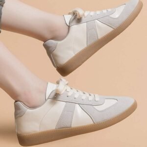 Beige Pu Leather Suede Patched Lace-Up Flat Shoes