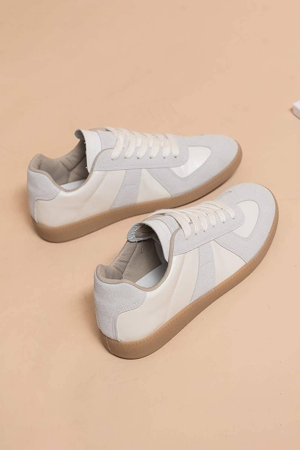 Beige Pu Leather Suede Patched Lace-Up Flat Shoes