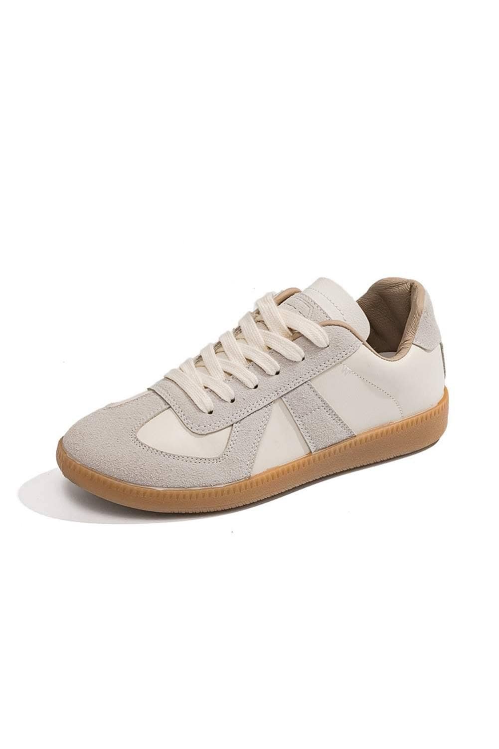 Beige Pu Leather Suede Patched Lace-Up Flat Shoes