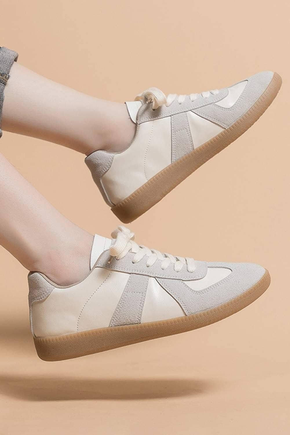 Beige Pu Leather Suede Patched Lace-Up Flat Shoes