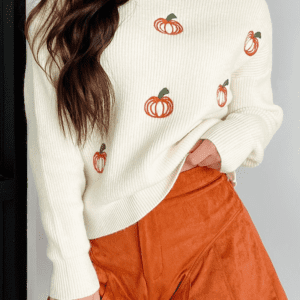 Beige Pumpkin Embroidered Ribbed Thanksgiving Halloween Holiday Sweater