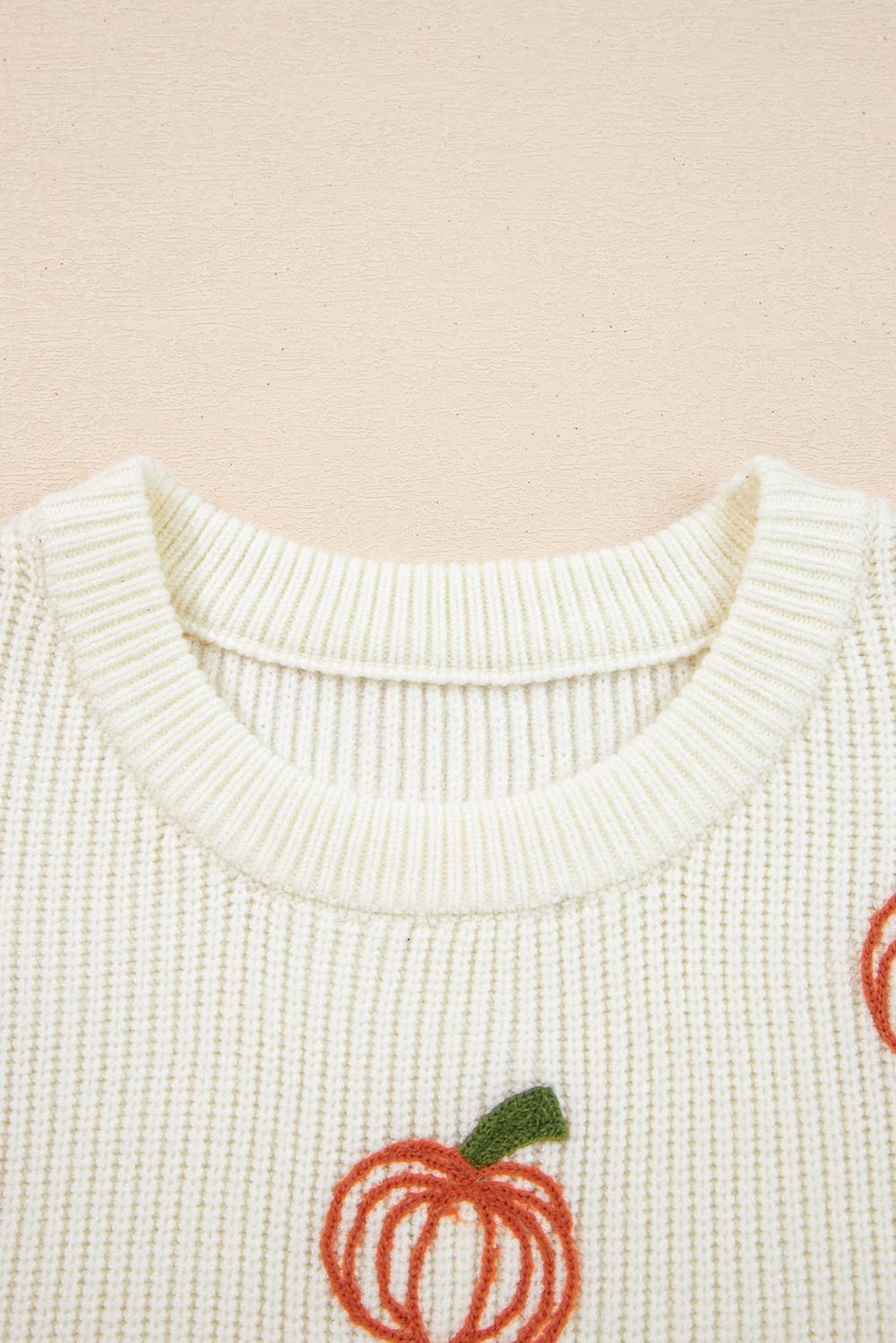 Beige Pumpkin Embroidered Ribbed Thanksgiving Halloween Holiday Sweater