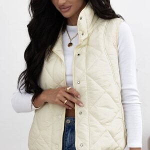 Beige Quilted High Neck Button Up Pocket Vest Coat