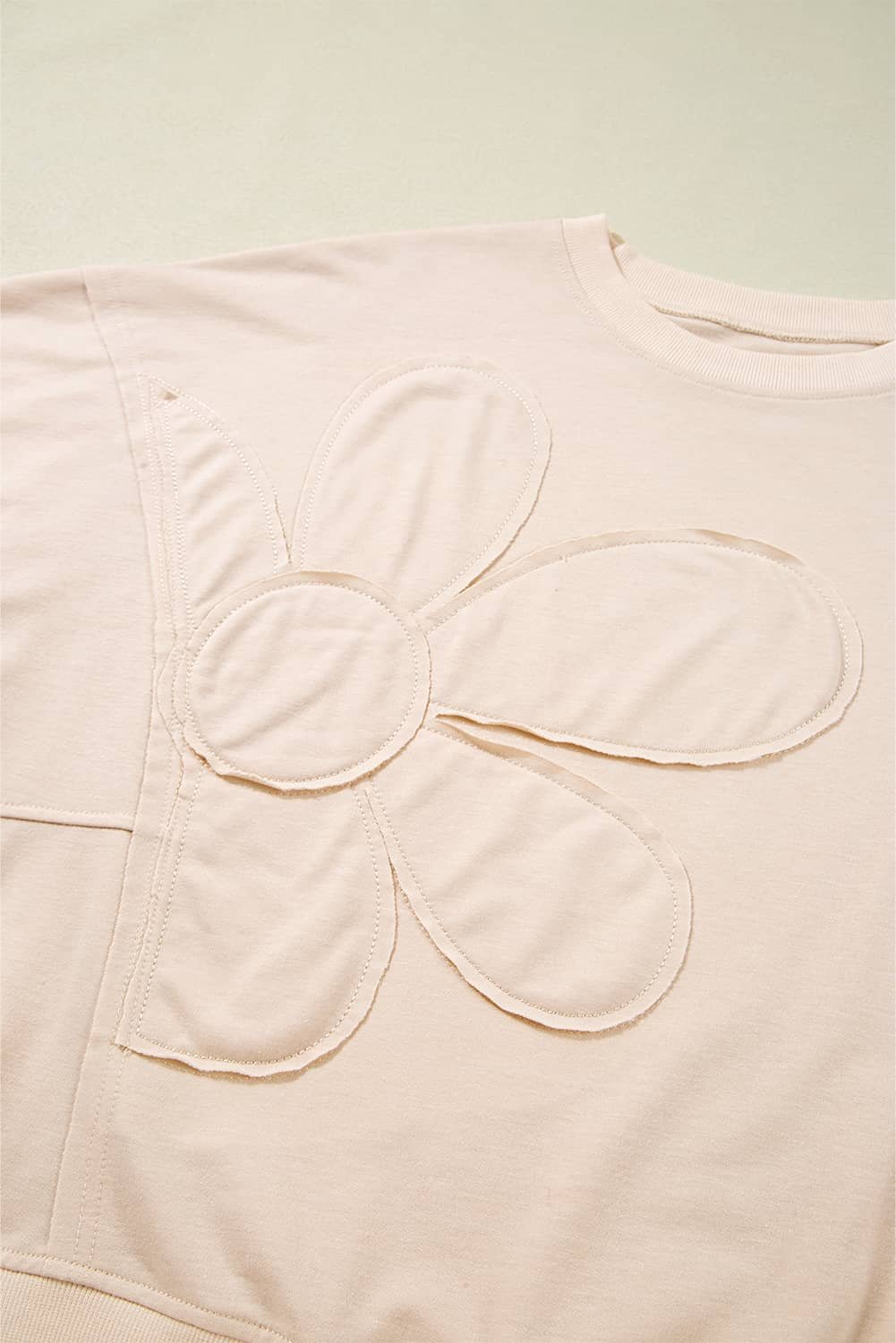 Beige Raw Edge Flower Patch Drop Shoulder Casual Top