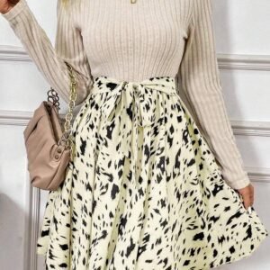Beige Ribbed Knit Patchwork Printed Belted A-Line Dress