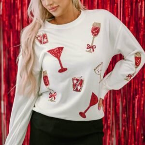 Beige Sequin Cheers Wineglasses Christmas Sweatshirt