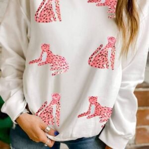 Beige Sequin Cheetah O Neck Drop Shoulder Sweatshirt