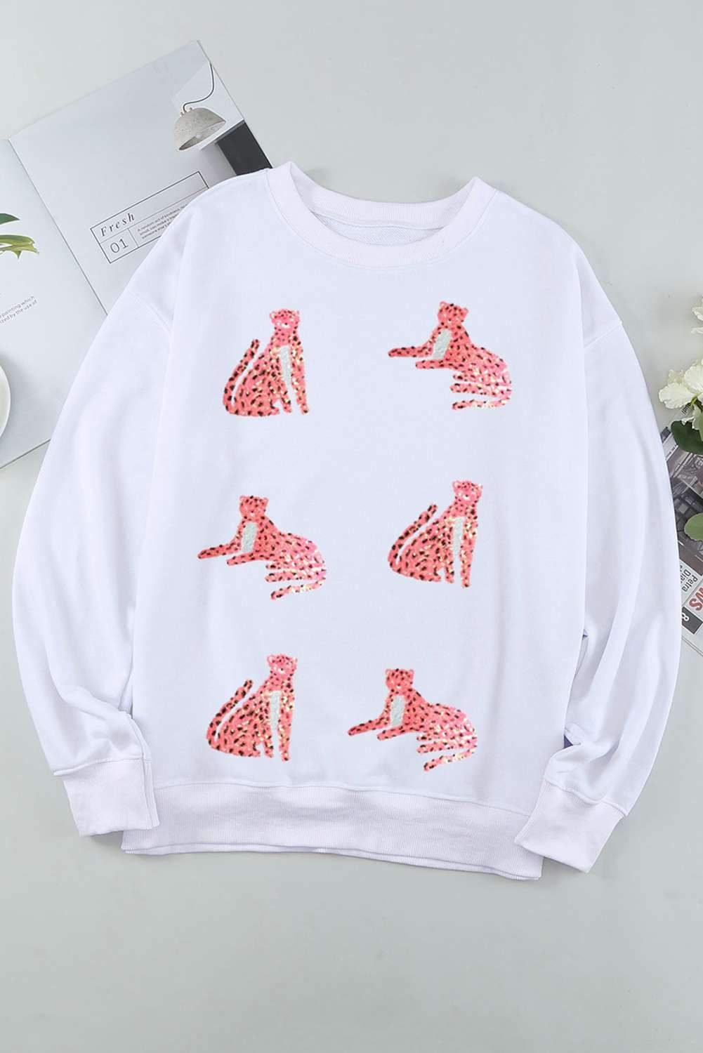 Beige Sequin Cheetah O Neck Drop Shoulder Sweatshirt