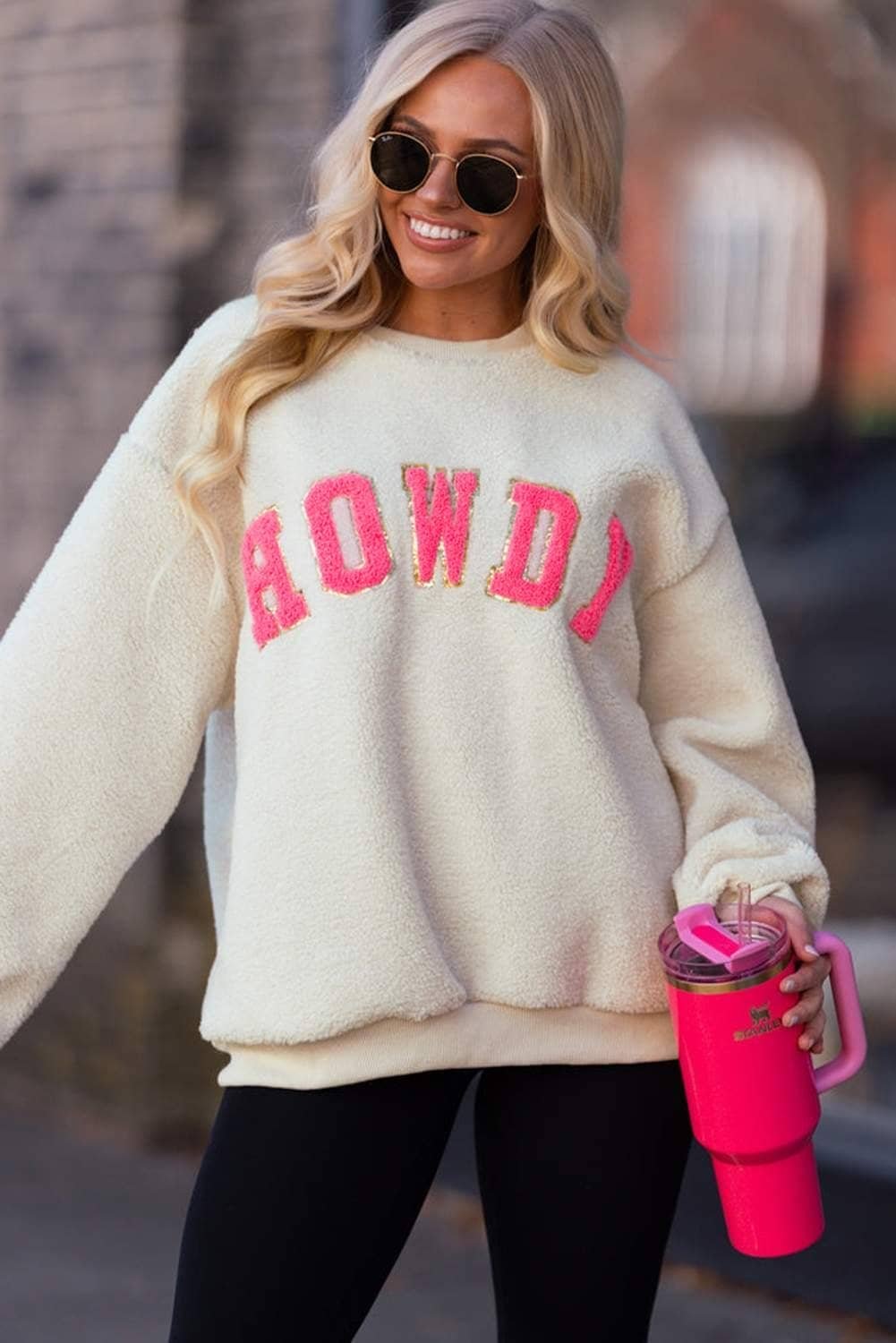 Beige Sherpa Howdy Patched Pullover Sweatshirt