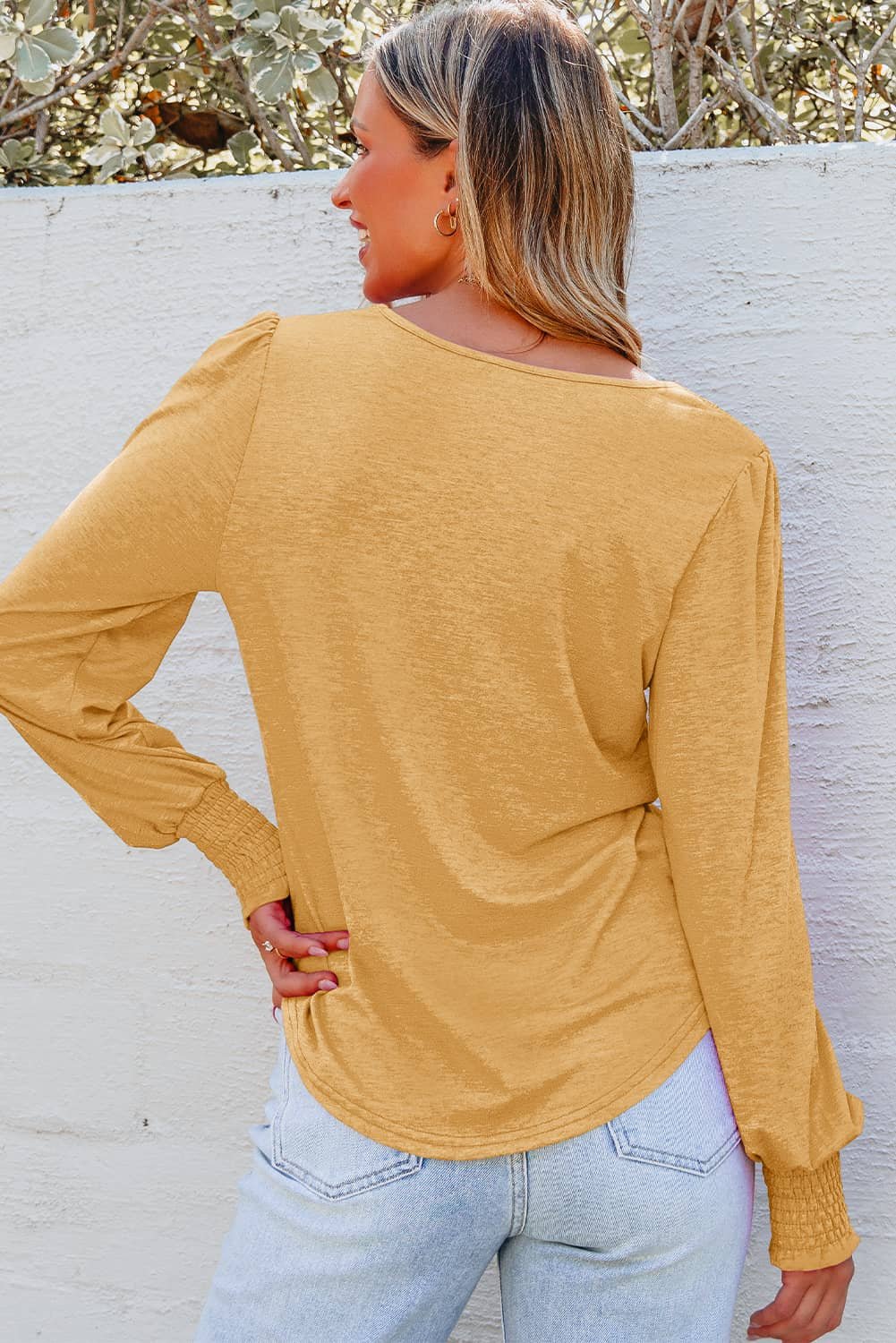 Beige Shirred Shoulder Frilled Cuffs Long Sleeve Top
