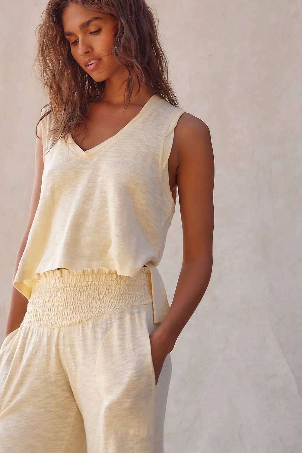 Beige Solid Color Tank Top And Smocked Waist Pants Set