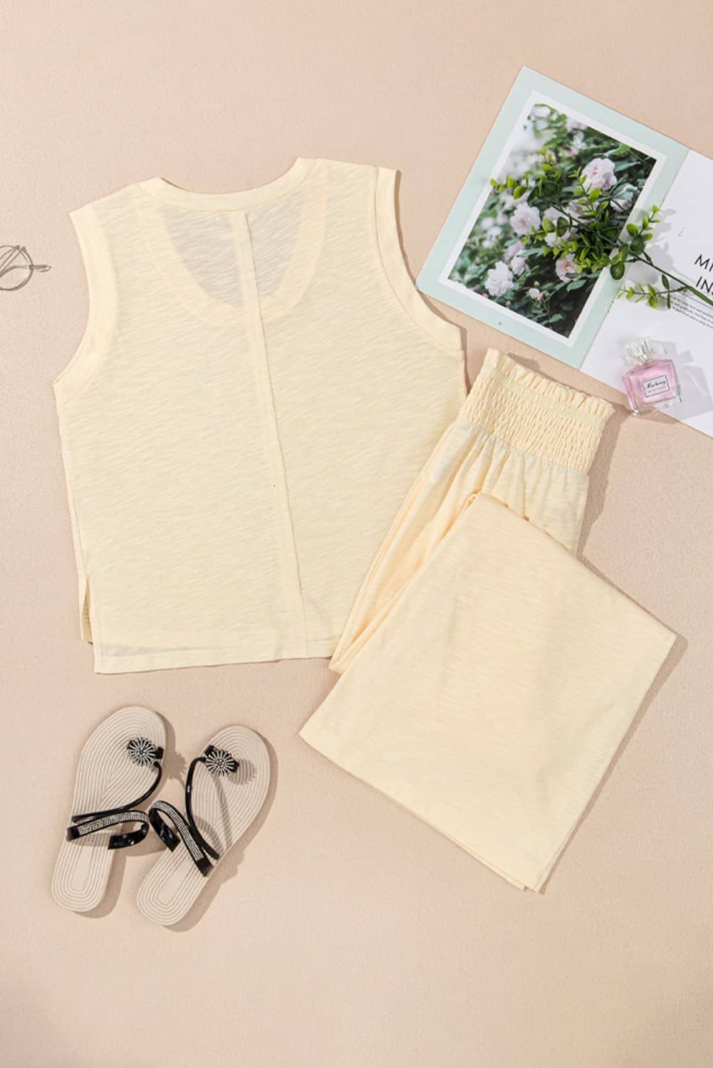 Beige Solid Color Tank Top And Smocked Waist Pants Set