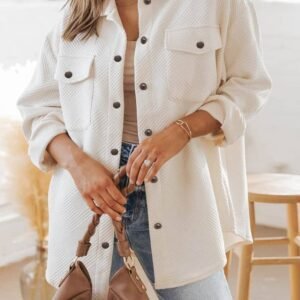 Beige Solid Textured Flap Pocket Buttoned Shacket