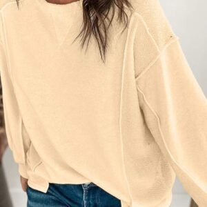 Beige Splicing Round Neck Pullover Sweatshirt