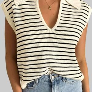 Beige Stripe Turn-Down V Neck Sweater Tank Top