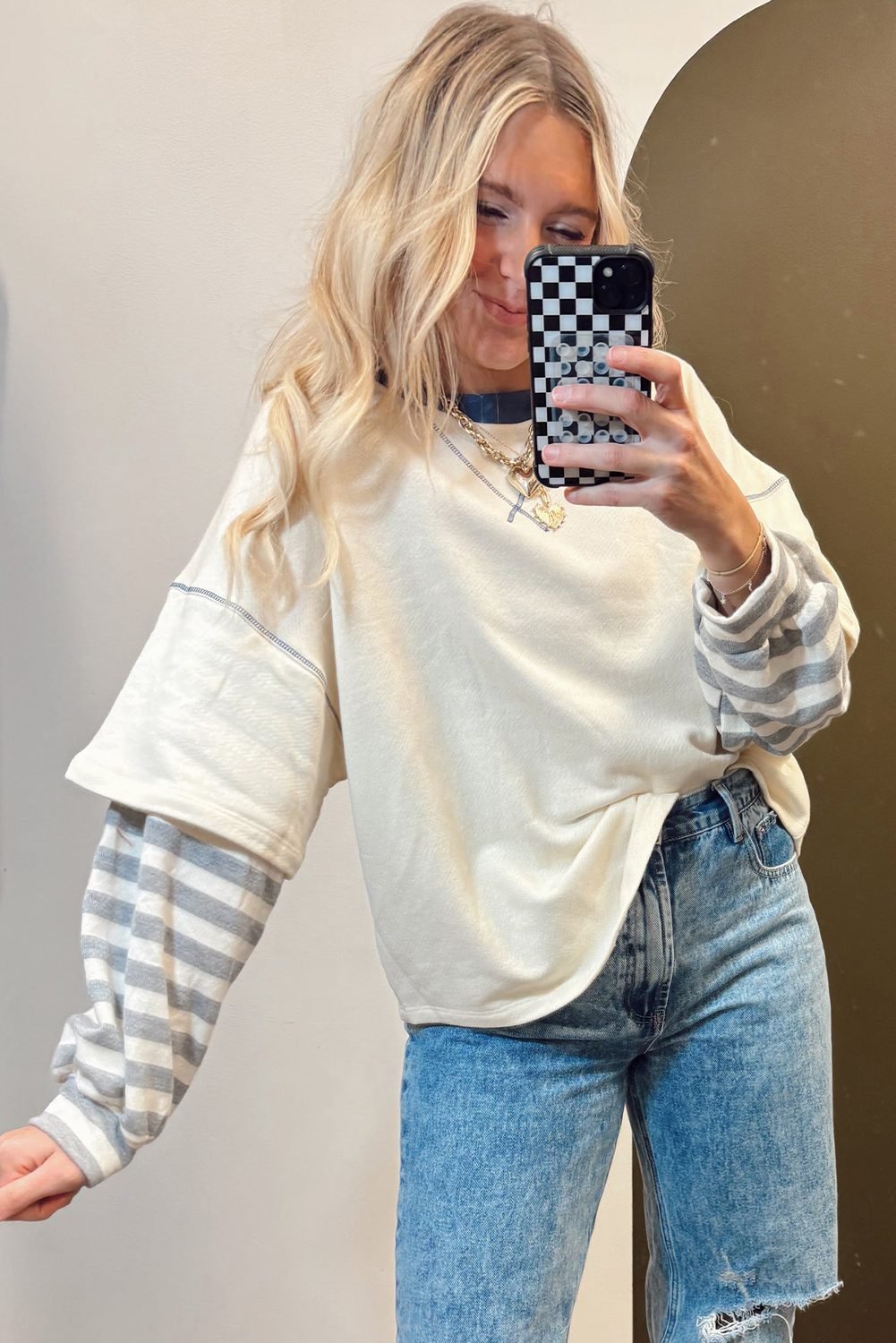 Beige Striped Patchwork Long Sleeve Round Neck Two-In-One Top