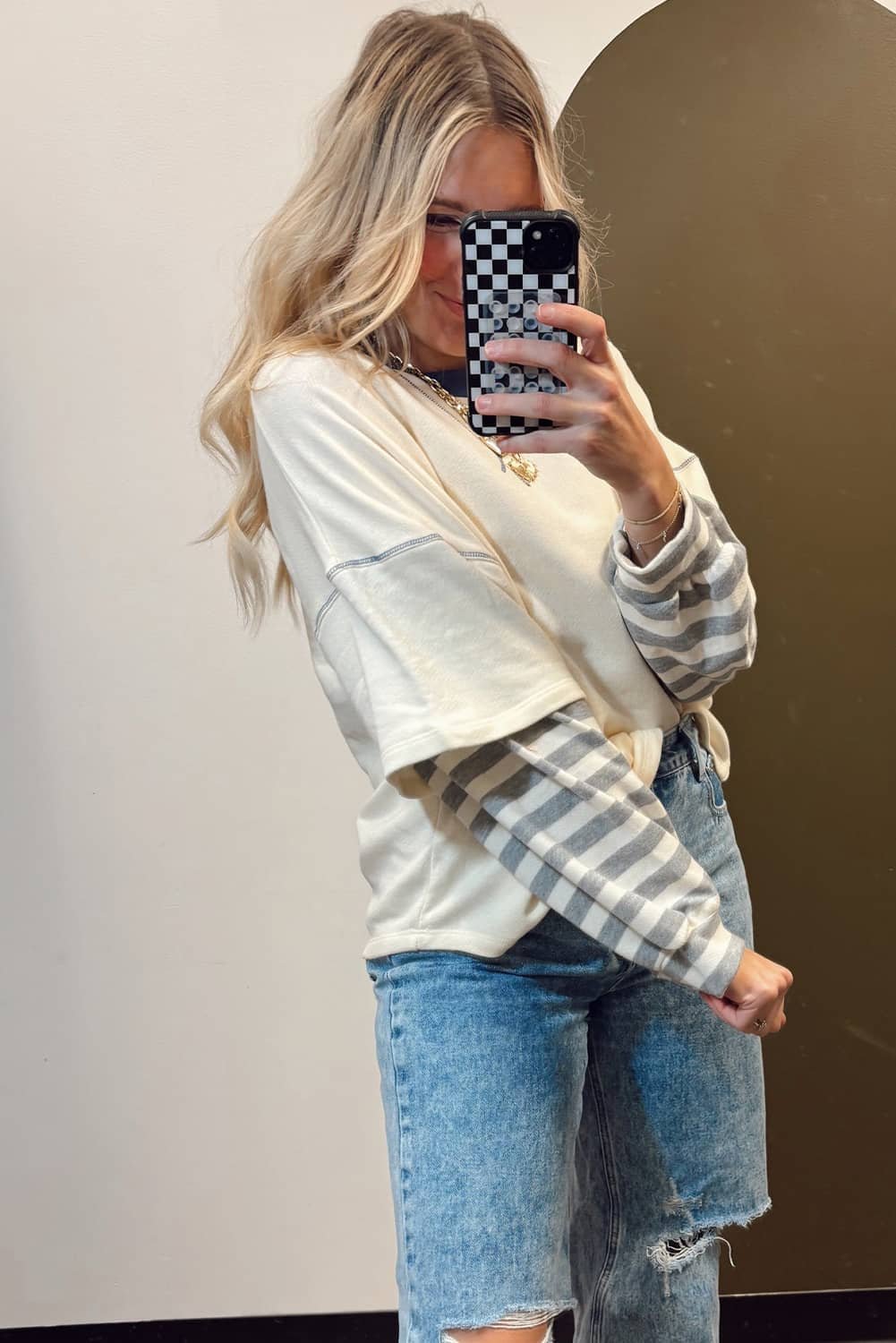 Beige Striped Patchwork Long Sleeve Round Neck Two-In-One Top