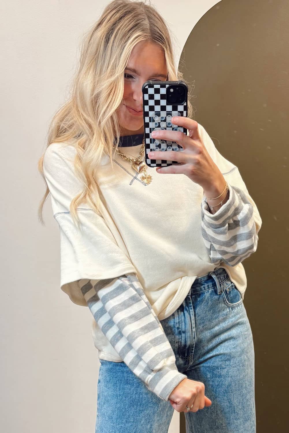 Beige Striped Patchwork Long Sleeve Round Neck Two-In-One Top