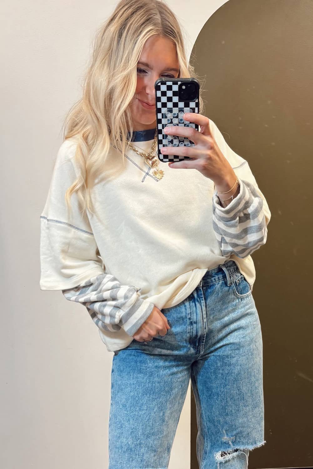 Beige Striped Patchwork Long Sleeve Round Neck Two-In-One Top