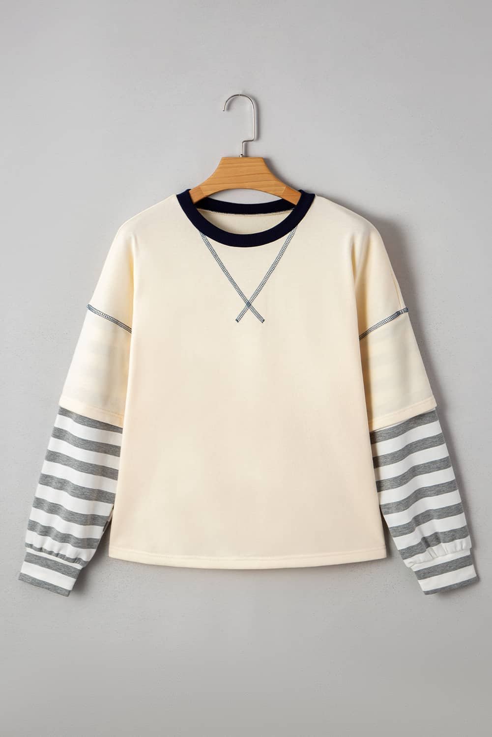 Beige Striped Patchwork Long Sleeve Round Neck Two-In-One Top
