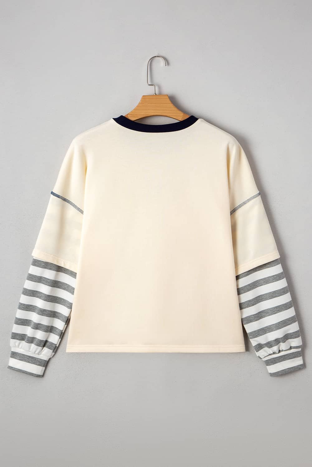 Beige Striped Patchwork Long Sleeve Round Neck Two-In-One Top