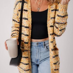 Beige Striped Pom Pom Knit Open Front Long Cardigan