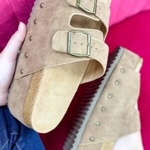 Beige Suede Buckle Decor Footbed Sandal Slippers