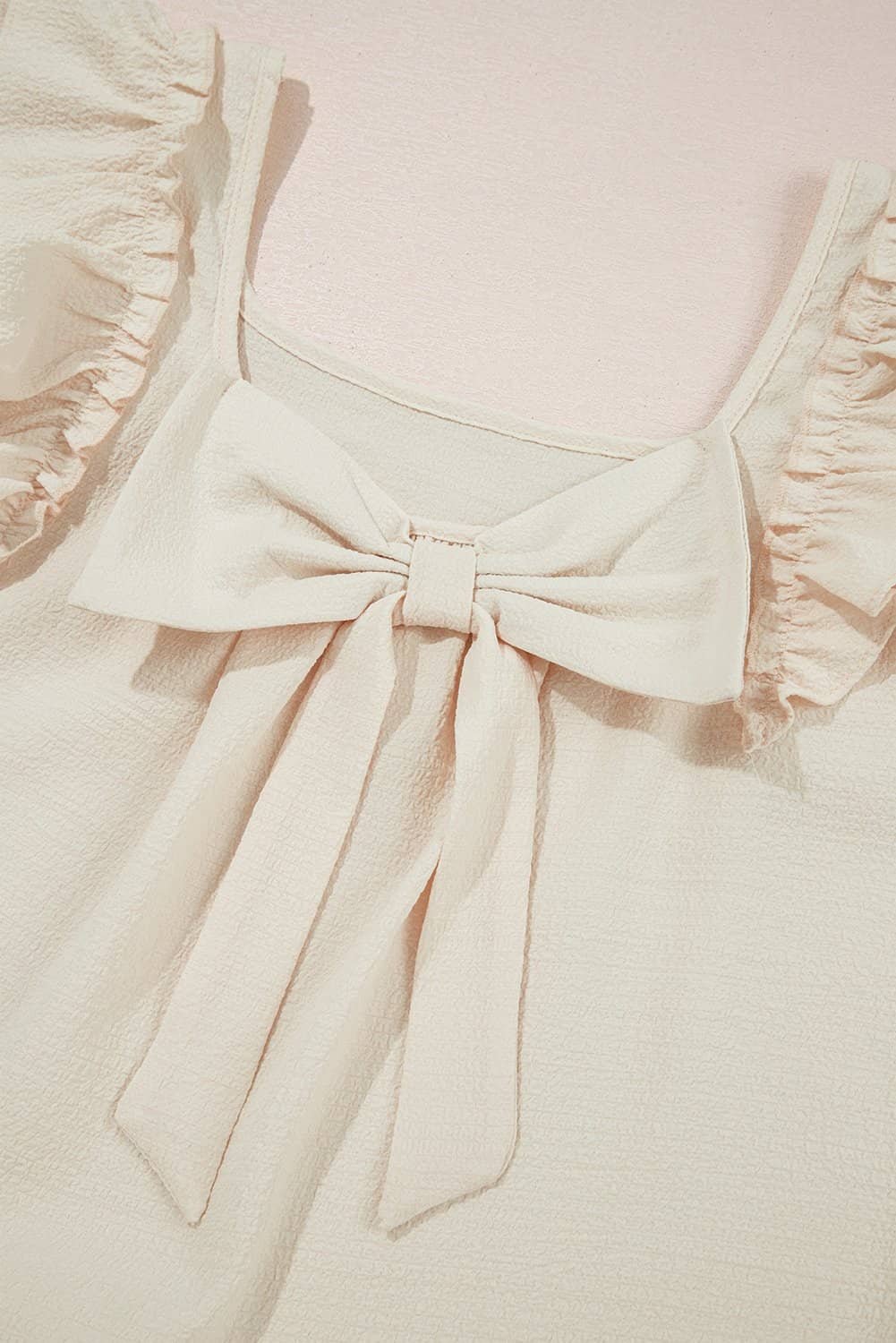 Beige Textured Bow Knot Frilled Butterfly Sleeve Blouse