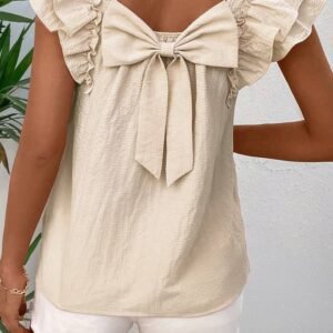 Beige Textured Bow Knot Frilled Butterfly Sleeve Blouse