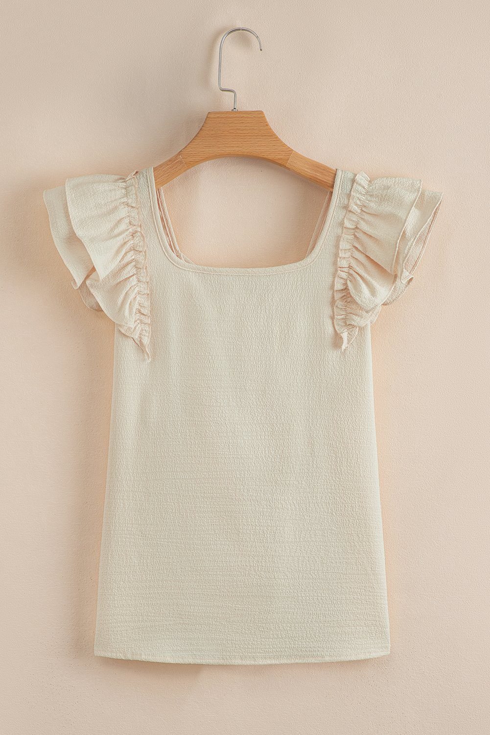 Beige Textured Bow Knot Frilled Butterfly Sleeve Blouse