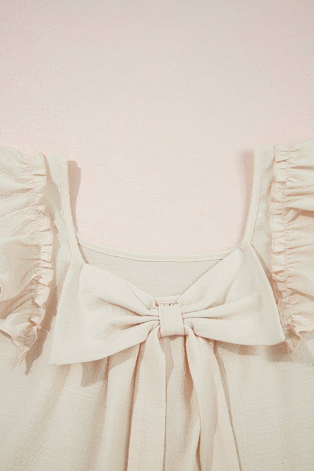 Beige Textured Bow Knot Frilled Butterfly Sleeve Blouse