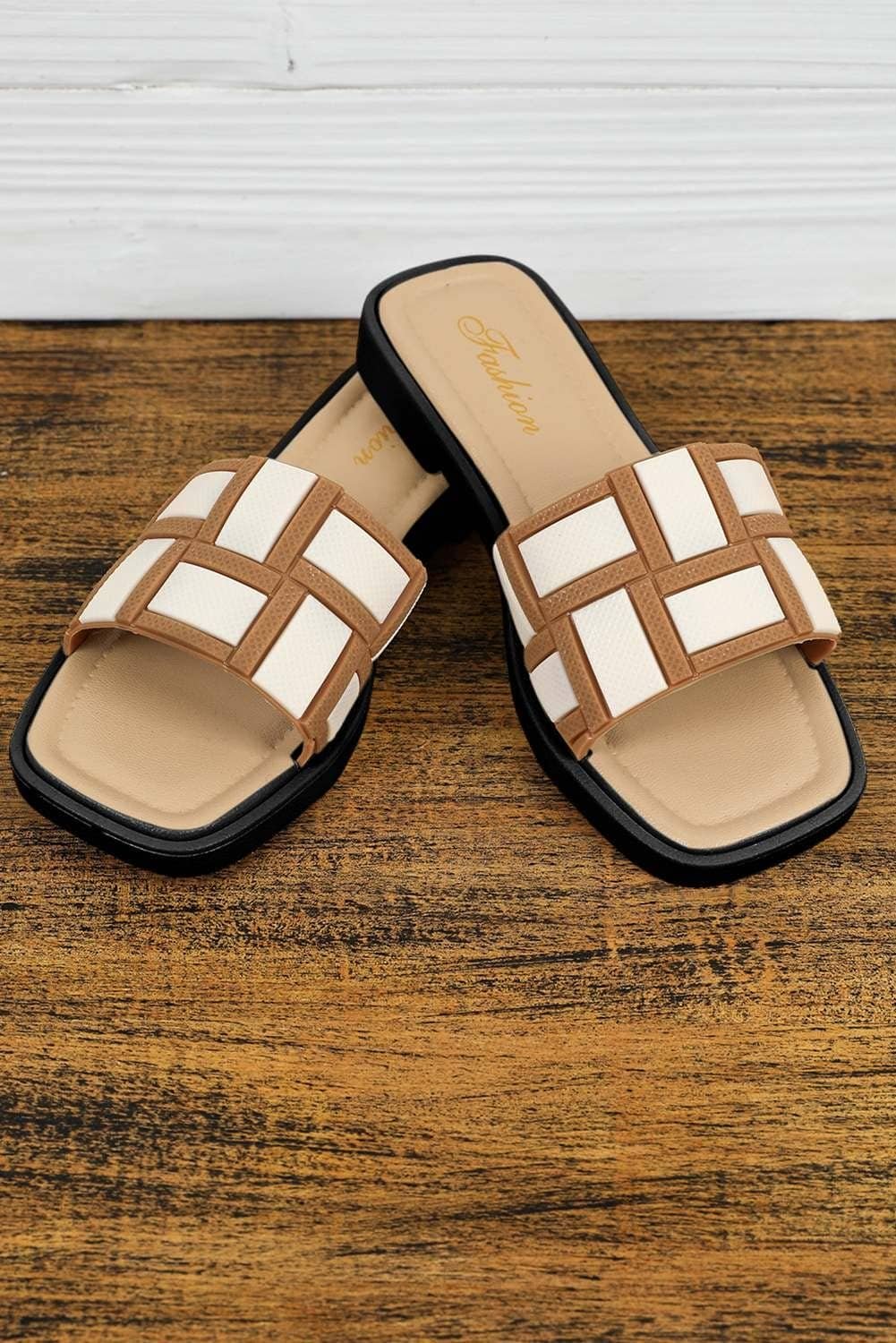 Beige Two Tone Contrast Pu Leather Square Toe Slippers