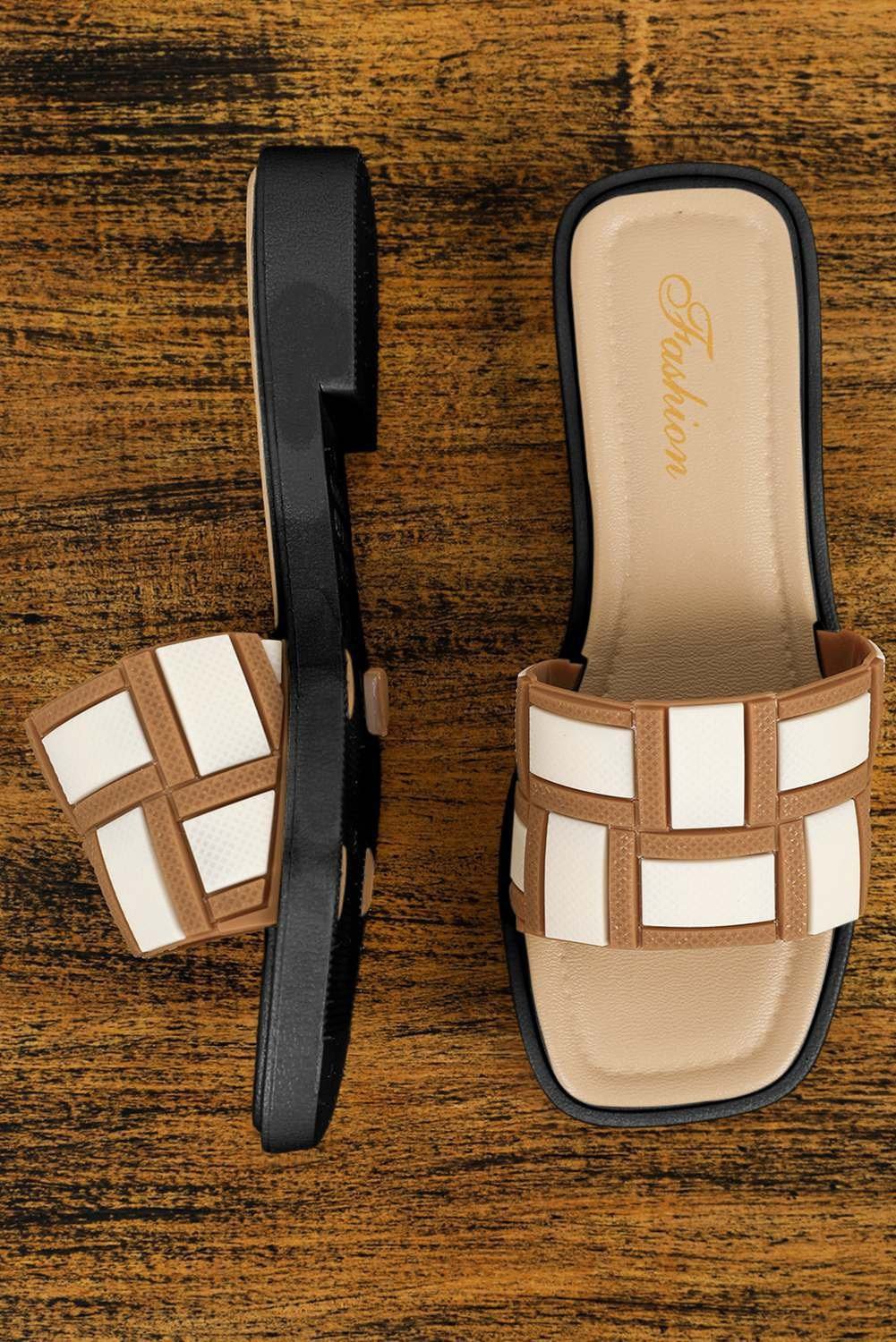 Beige Two Tone Contrast Pu Leather Square Toe Slippers
