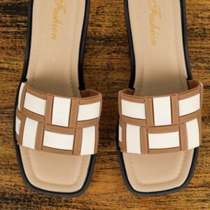 Beige Two Tone Contrast Pu Leather Square Toe Slippers