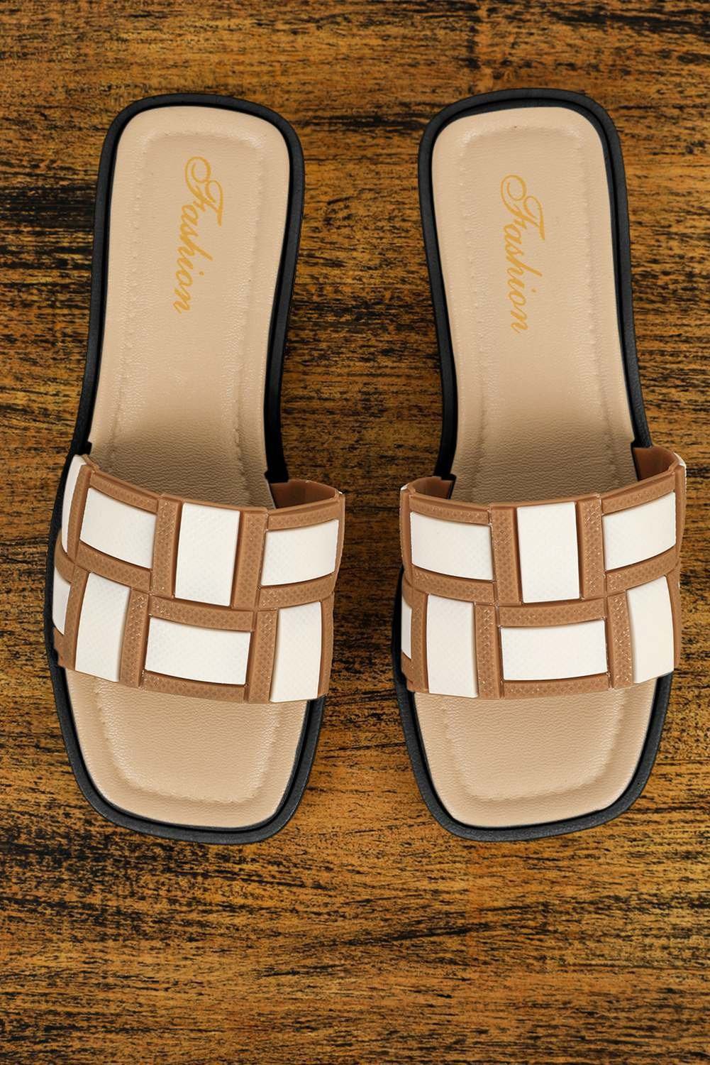 Beige Two Tone Contrast Pu Leather Square Toe Slippers